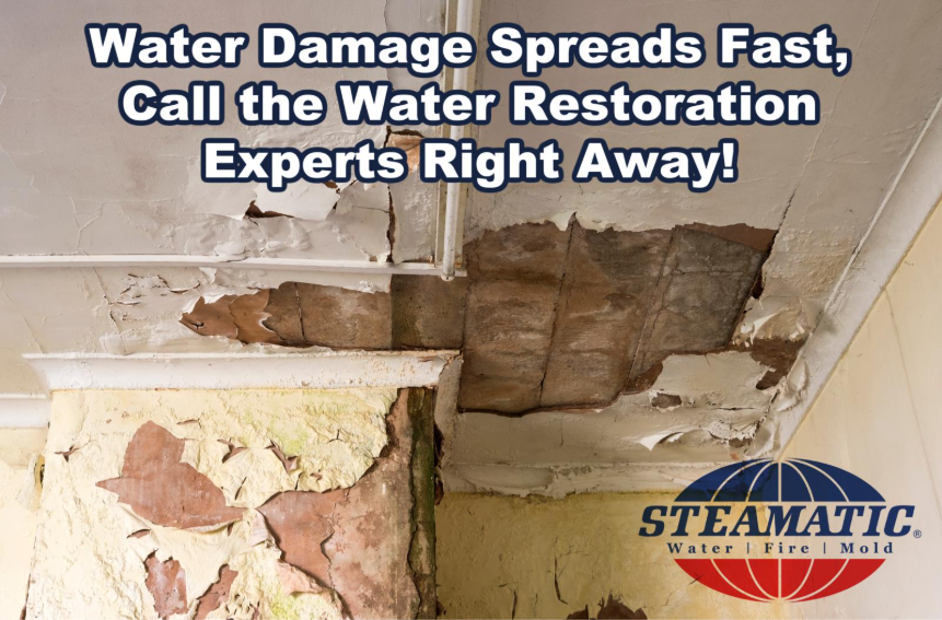 Ceiling with severe water damage and peeling paint, ad urging to call Steamatic restoration experts.