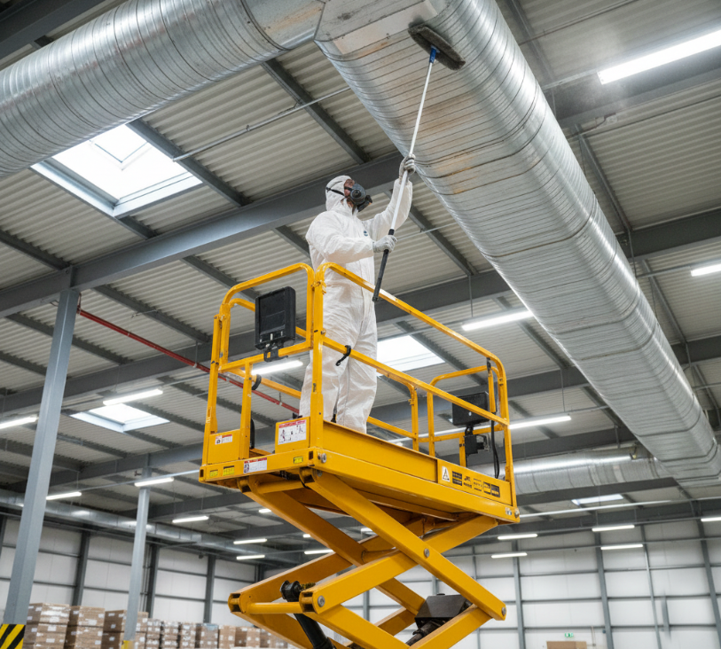 A worker in PPE stands on a mechanical lift while using a brush at the end of a pole to clean overhead ductwork.